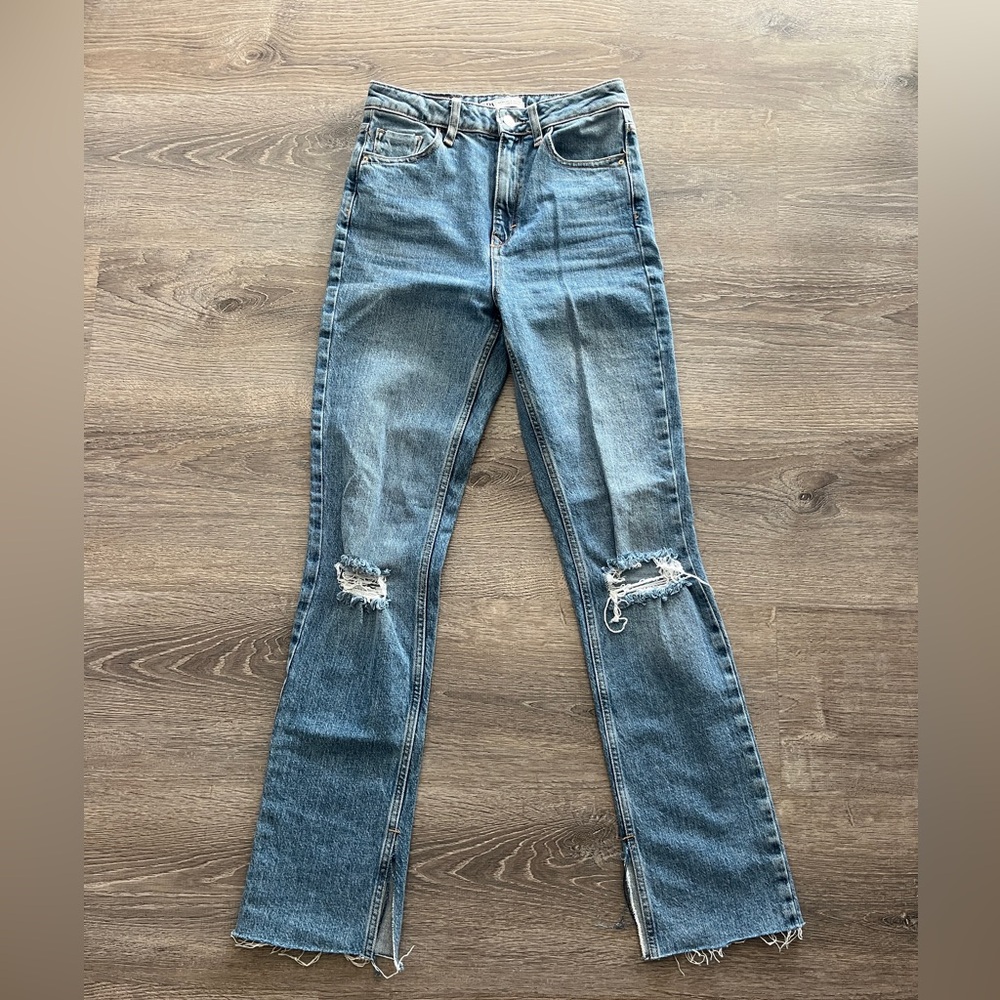 Zara High Waisted Flare Ripped Jeans